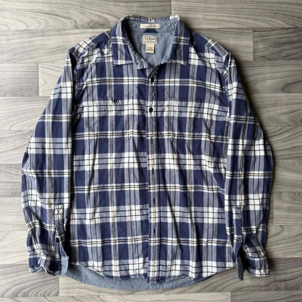 L.L.Bean Blue Plaid Button Up Shirt Size L-REG Y2K Long Sleeve